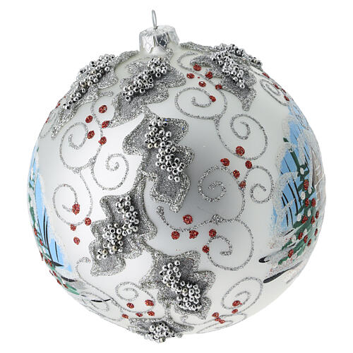 Pallina argento agrifoglio perline argentate e paesaggio 150 mm vetro soffiato 4