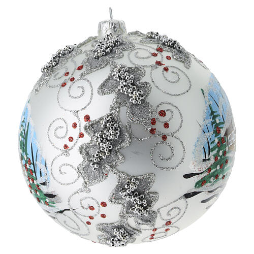 Pallina argento agrifoglio perline argentate e paesaggio 150 mm vetro soffiato 5