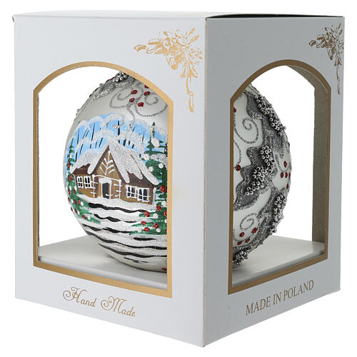 Pallina argento agrifoglio perline argentate e paesaggio 150 mm vetro soffiato 7