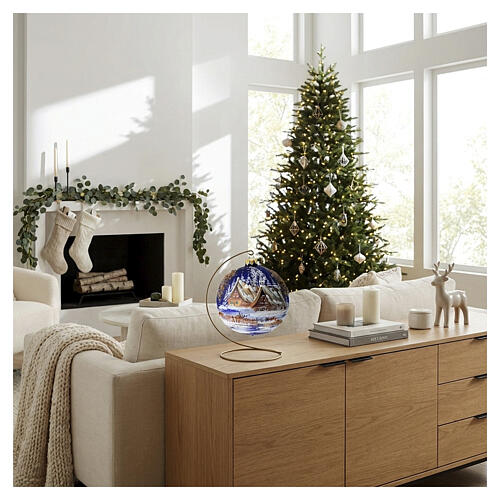 Pallina 120 mm blu paesaggio e albero perline dorate dipinta a mano vetro soffiato 2