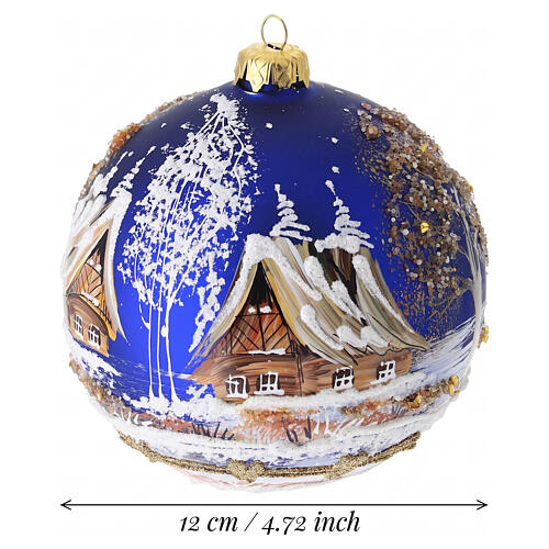 Pallina 120 mm blu paesaggio e albero perline dorate dipinta a mano vetro soffiato 3