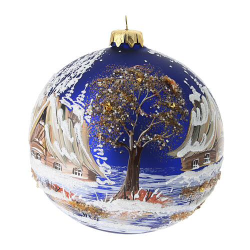 Pallina 120 mm blu paesaggio e albero perline dorate dipinta a mano vetro soffiato 4