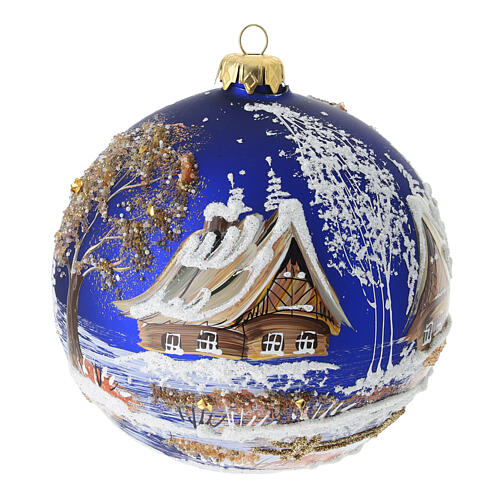 Pallina 120 mm blu paesaggio e albero perline dorate dipinta a mano vetro soffiato 5