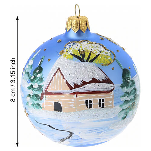 Blue Christmas bauble with landscape and children playing, 3.1 in, hand-painted blown glass 3