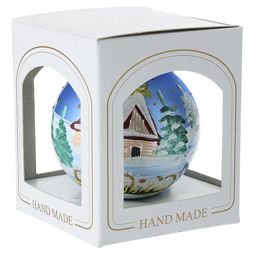 Bola de Natal azul com paisagem e crianças a brincar 80 mm vidro soprado pintada 5