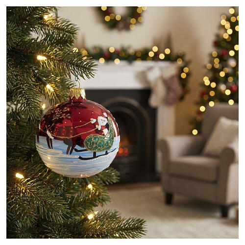 Pallina rossa slitta Babbo Natale dipinta a mano 80 mm vetro soffiato 2