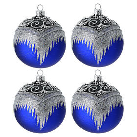 Set 4 palline blu decoro glitter argentato 100 mm dipinte a mano vetro soffiato