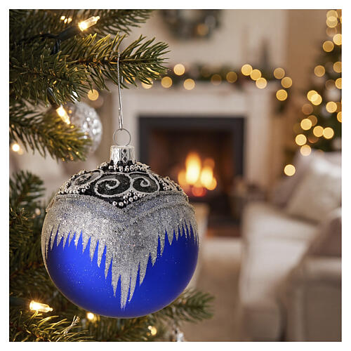 Set 4 palline blu decoro glitter argentato 100 mm dipinte a mano vetro soffiato 2