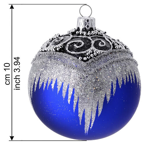 Set 4 palline blu decoro glitter argentato 100 mm dipinte a mano vetro soffiato 3