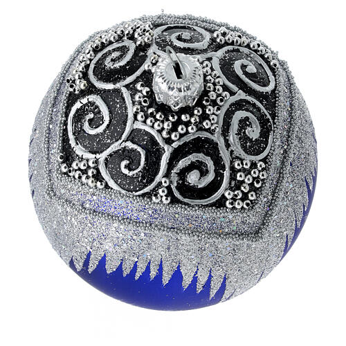 Set 4 palline blu decoro glitter argentato 100 mm dipinte a mano vetro soffiato 4