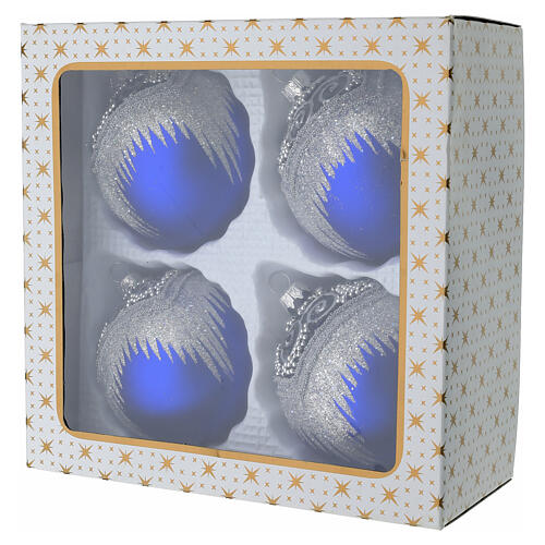 Set 4 palline blu decoro glitter argentato 100 mm dipinte a mano vetro soffiato 5