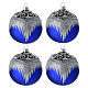Set 4 palline blu decoro glitter argentato 100 mm dipinte a mano vetro soffiato s1