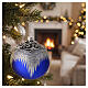 Set 4 palline blu decoro glitter argentato 100 mm dipinte a mano vetro soffiato s2