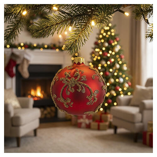 Set 6 boules de Noël rouges arabesques perles dorées 80 mm verre soufflé décorées à la main 2