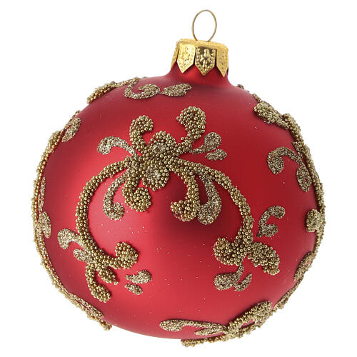 Conjunto 6 bolas de Natal vermelhas com arabescos e pérolas douradas 80 mm vidro soprado decoradas à mão 5
