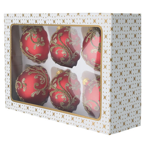 Conjunto 6 bolas de Natal vermelhas com arabescos e pérolas douradas 80 mm vidro soprado decoradas à mão 7