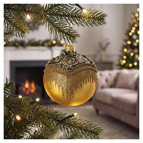 Set 6 palline oro glitter decoro brunito 80 mm vetro soffiato 2