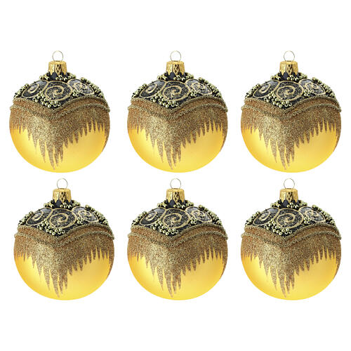 Conjunto 6 bolas de Natal ouro glíter decoro brunido vidro soprado 80 mm 1