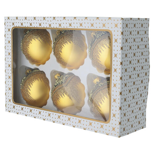 Conjunto 6 bolas de Natal ouro glíter decoro brunido vidro soprado 80 mm 6