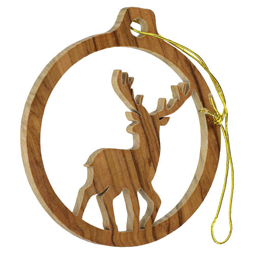 Christmas ornament Holy Land olive wood round frame with reindeer 6 cm 2