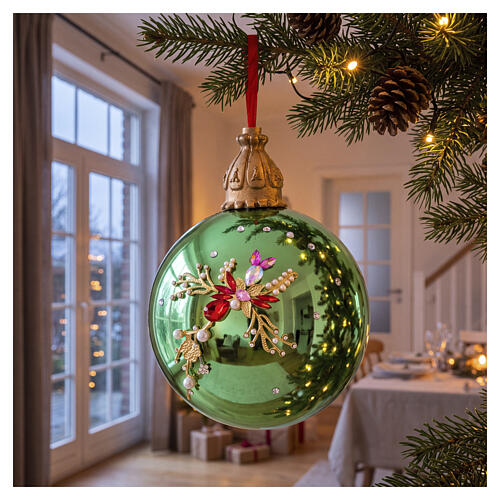 Pallina verde lucida Natalizia 15 cm con decoro Bagutta Tendence vetro soffiato 2