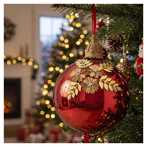 Pallina di Natale rosso lucido decoro dorato 15 cm vetro soffiato Bagutta Tendence 2
