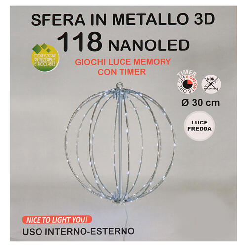Leuchtkugel 3D, Metalldraht-Gerüst, Ø 30 cm, 118 Nano-LEDs, eisweiß, innen/außen 4