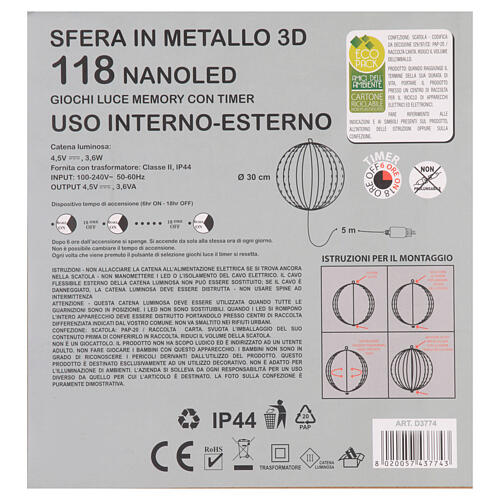 3D metal sphere globe 118 nanoLEDs ice white light, Dia. 30cm 5