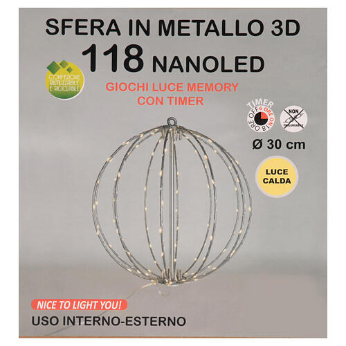 Esfera metal 3D 118 nanoLEDs branco quente diâm. 30 cm 4