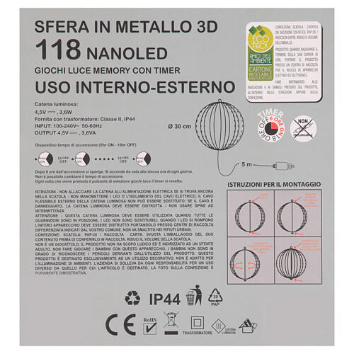Esfera metal 3D 118 nanoLEDs branco quente diâm. 30 cm 5