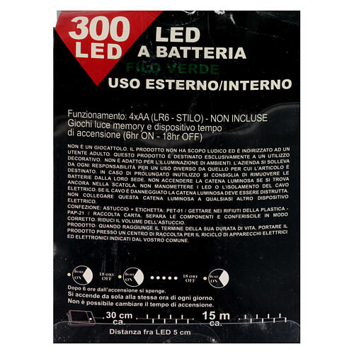 Corrente luminosa de pilhas 300 LEDs luz fria interior/exterior 15 m 5