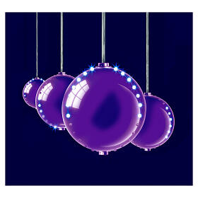 String of 4 purple Christmas balls, 96 LED ultra bright lights, snow effect, for indoor