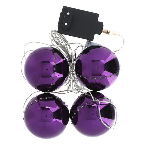 Set cadena 4 esferas violeta 96 LED ultra luminosos blanco frío efecto nieve uso interior 2