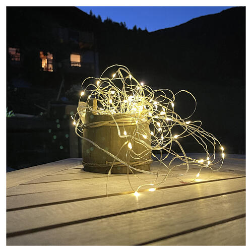 Christmas light chain with solar panel, 100 warm white LED drops on copper wire, 33 ft 1