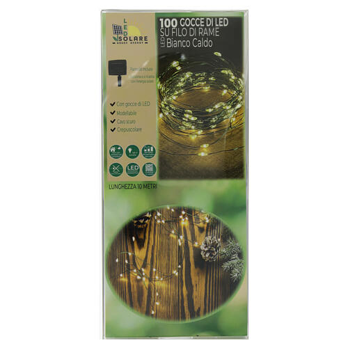 Christmas light chain with solar panel, 100 warm white LED drops on copper wire, 33 ft 5