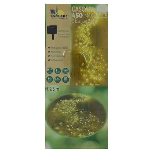Cascata luminosa 450 maxi gocce LED bianco caldo pannello solare h 2,5 m 4