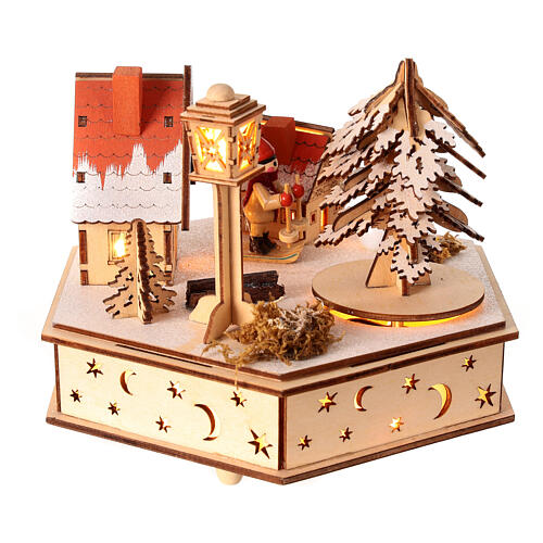 Wooden Christmas village of hexagonal shape with music box, snow and lights, 6x6x8 in 4