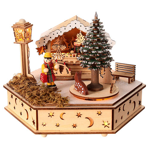 Christmas village with hexagonal square, wood decoration with music box and lights, 6x6x8 in 1