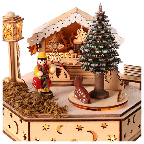 Christmas village with hexagonal square, wood decoration with music box and lights, 6x6x8 in 2