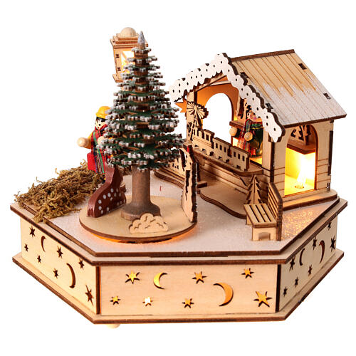 Christmas village with hexagonal square, wood decoration with music box and lights, 6x6x8 in 3