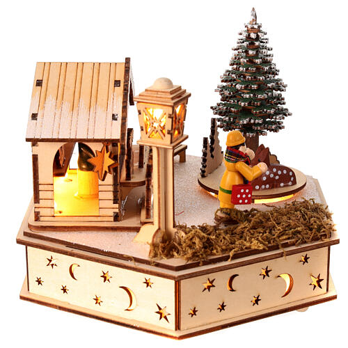 Christmas village with hexagonal square, wood decoration with music box and lights, 6x6x8 in 4