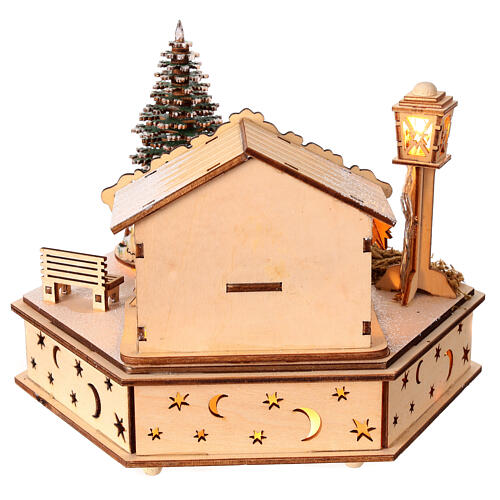 Christmas village with hexagonal square, wood decoration with music box and lights, 6x6x8 in 5