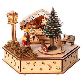 Village de Noël place hexagonale bois boîte à musique lumières 15x15x20 cm