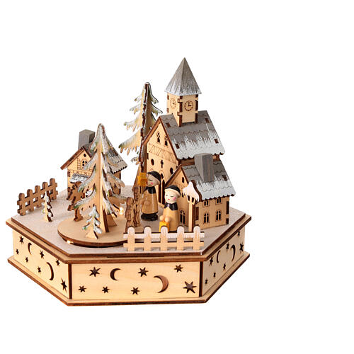 Christmas village church choir music box tree movement 15x15x20 cm 3