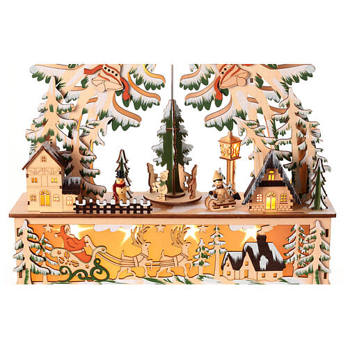 Wooden Christmas village set: illuminated forest with spinning tree and propeller, 16x16x4 in 3