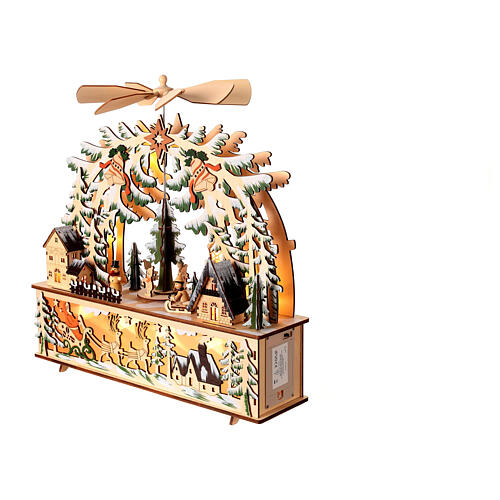 Wooden Christmas village set: illuminated forest with spinning tree and propeller, 16x16x4 in 4