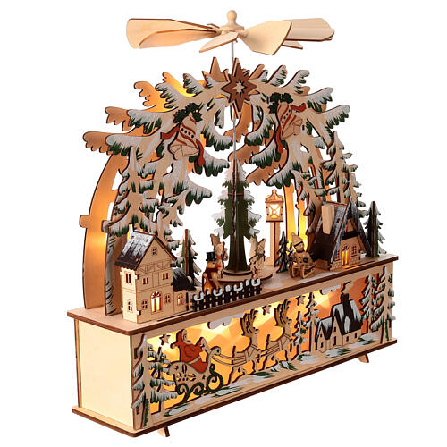 Wooden Christmas village set: illuminated forest with spinning tree and propeller, 16x16x4 in 5