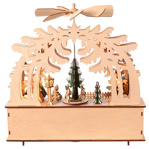 Wooden Christmas village set: illuminated forest with spinning tree and propeller, 16x16x4 in 7