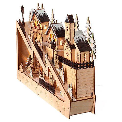 Christmas wooden village set: snowy slope with church, lights and motion, 12x18x4 in 4