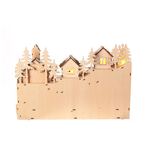 Christmas wooden village set: snowy slope with church, lights and motion, 12x18x4 in 6